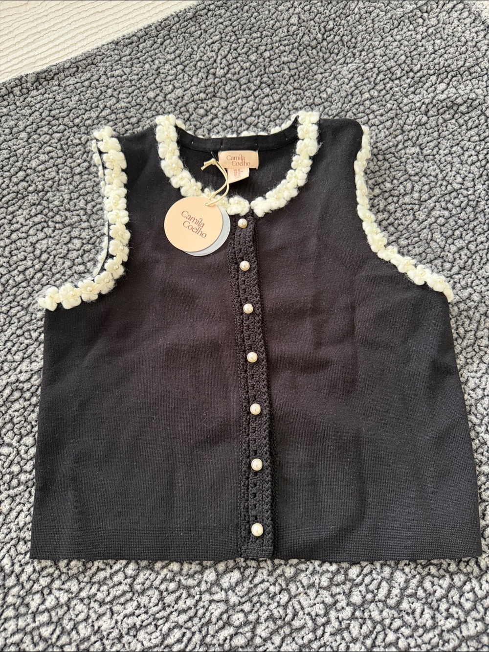 Camila Coelho Black Knit Tank with Cream Floral Trim and Pearl Buttons NWT